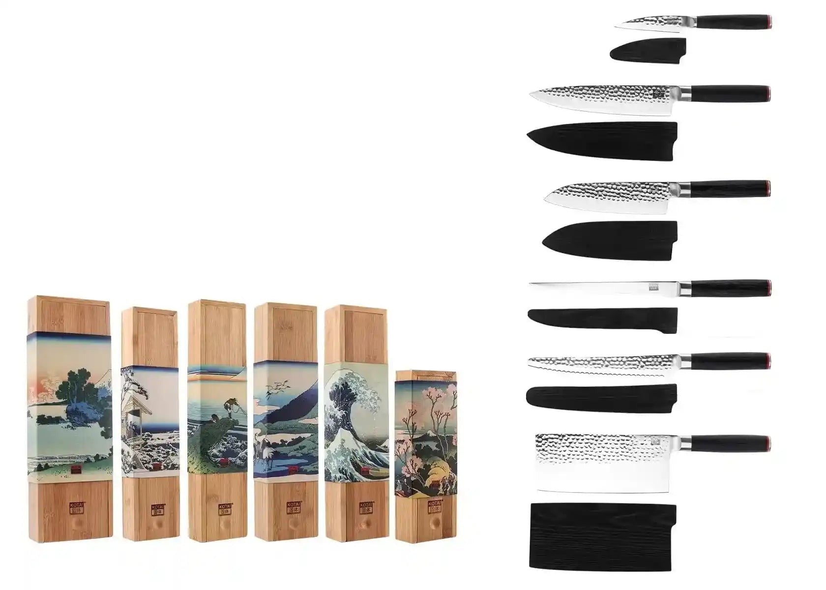 kotai pakka complete set van 6 messen, schilmes, koksmes gyuto, santokumes, fileermes, broodmes en hakmes