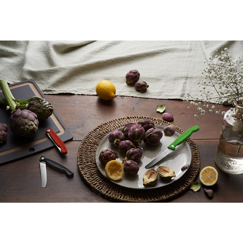 victorinox inklapbare schilmessen glad 11 cm rvs rood zwart en groen kunststof op tafel