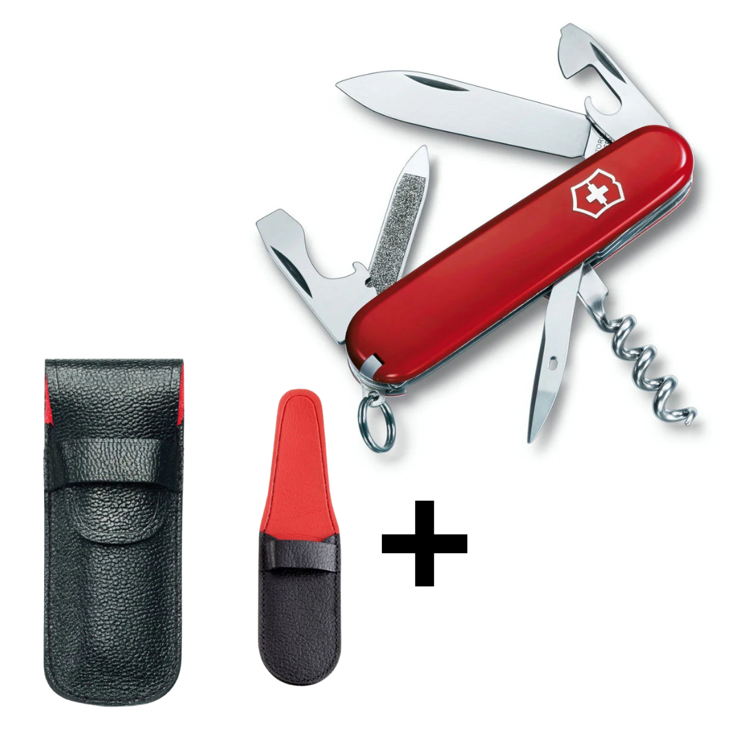 Victorinox Sportsman Red Zakmes 13 functies + Lederen Etui Zwart/Rood