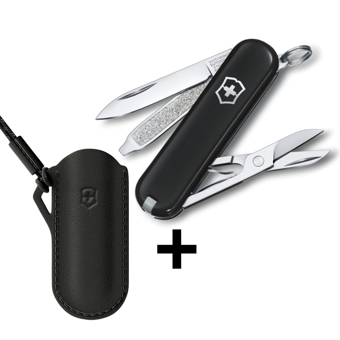 Victorinox Classic SD 7 Functies Zwart Dark Illusion + Lederen Etui Zwart