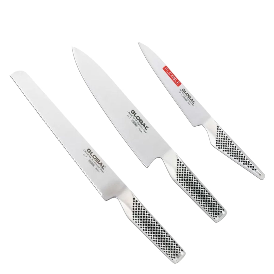 set van 3 global messen, broodmes, koksmes en flexibel fileermes