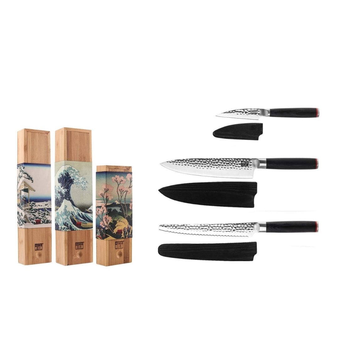 kotai pakka essentials set met schilmes, koksmes gyuto en broodmes, verpakt in houten dozen