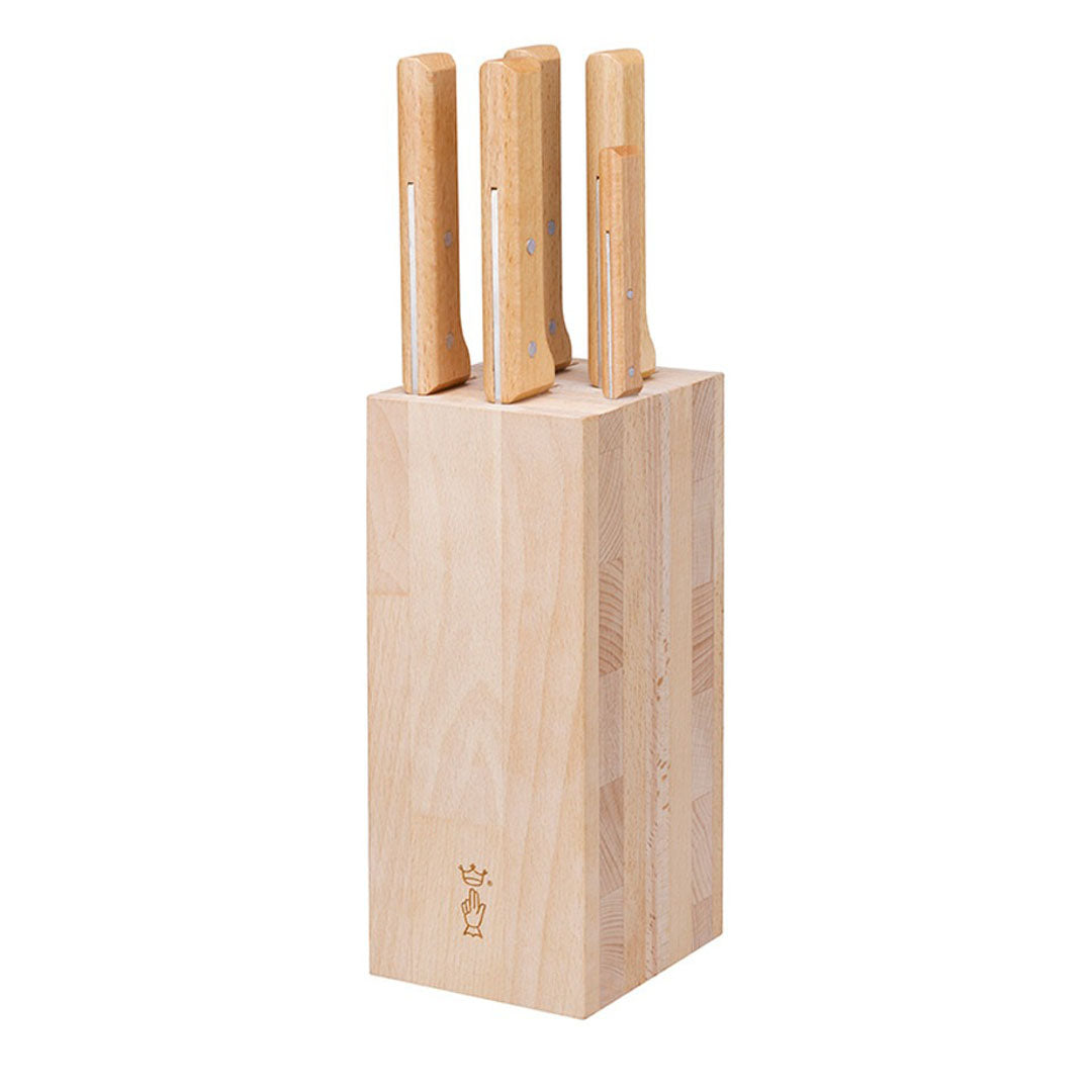 opinel parallele bread messenblok van beukenhout met 5 opinel messen