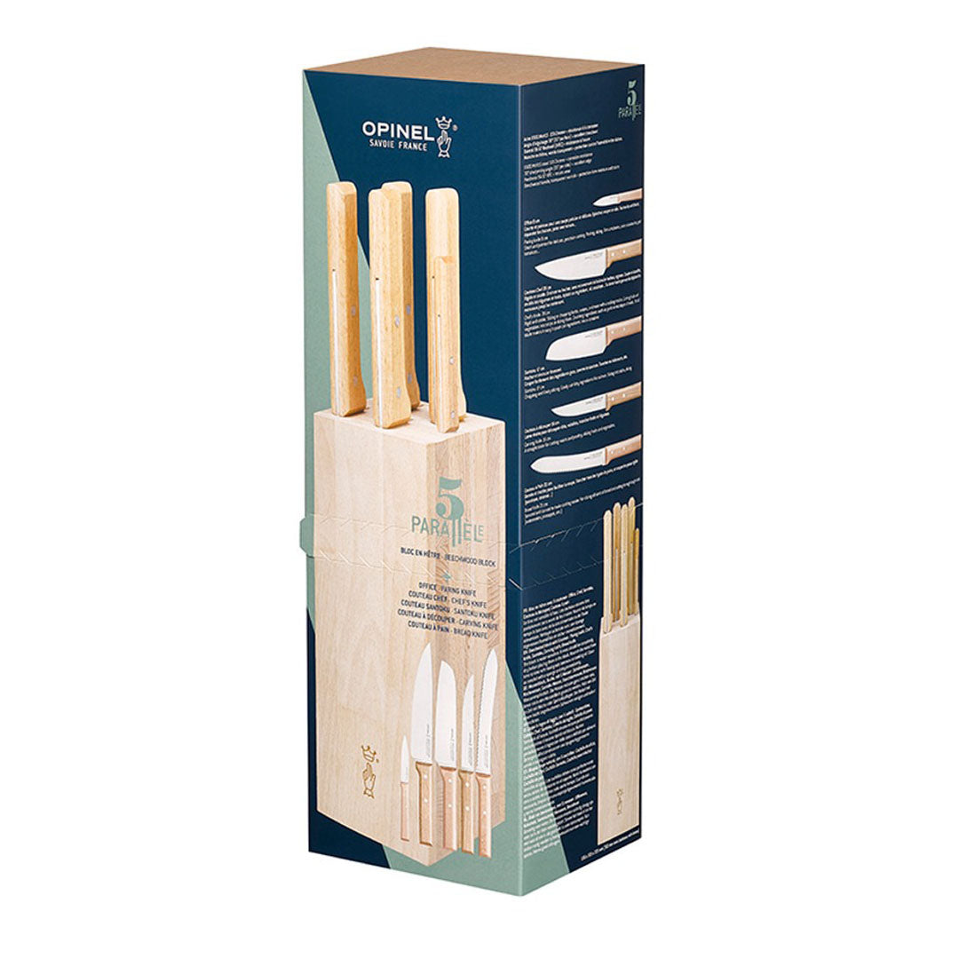opinel parallele bread messenblok van beukenhout met 5 opinel messen verpakking