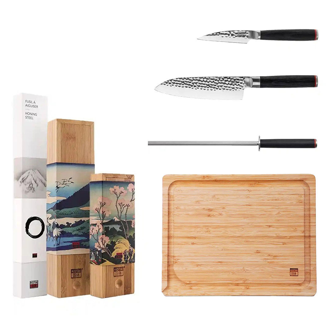 kotai pakka set deluxe officemes, santoku, aanzetstaal en snijplank