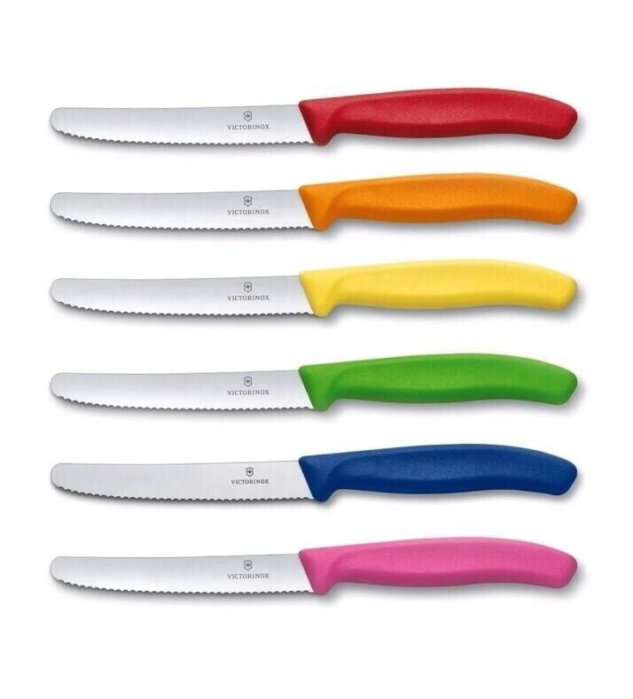 6 victorinox tafelmessen verschillende kleuren rood oranje geel groen blauw roze