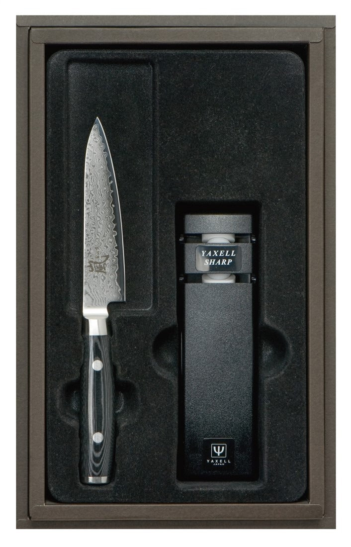 Yaxell Ran Giftset Universeelmes / Petty mes 12 cm 69 laags roestvrij damast staal met canvas-micarta heft en slijper