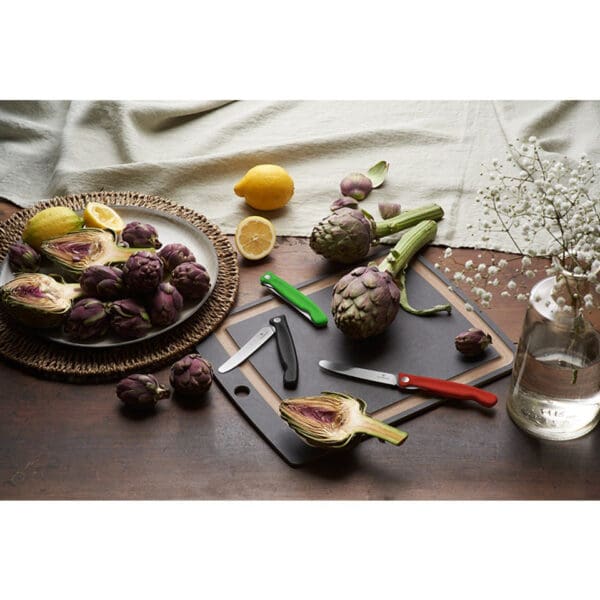 victorinox inklapbare schilmessen glad 11 cm rvs rood zwart en groen kunststof op snijplank op tafel
