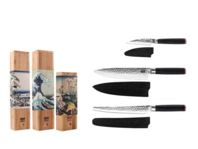 kotai pakka essentials set met schilmes, koksmes gyuto en broodmes, verpakt in houten dozen