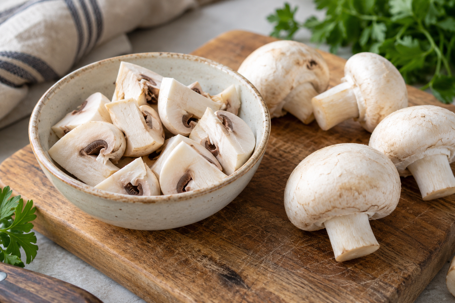 Champignons in kwarten naast hele exemplaren — AI-illustratie