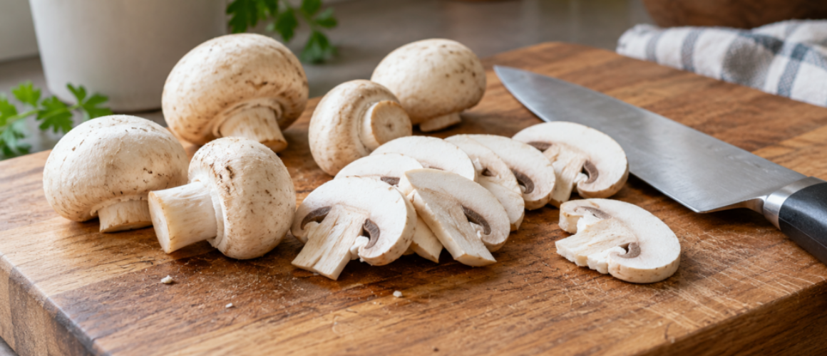 Champignons in plakjes naast een keukenmes op een houten plank — AI-illustratie