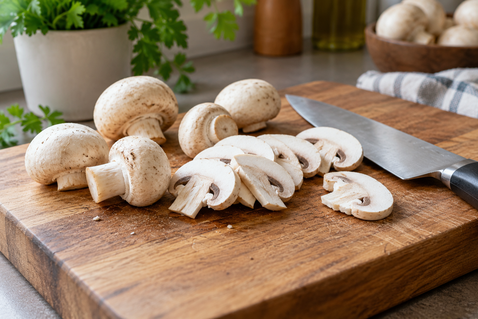 Champignons in plakjes naast een keukenmes op een houten plank — AI-illustratie