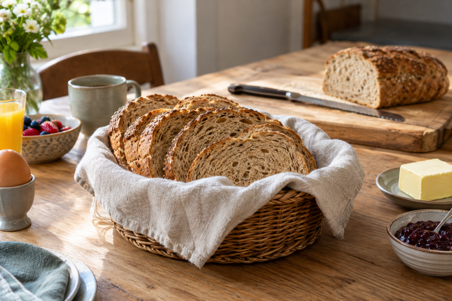 Gesneden brood in een mandje op de ontbijttafel