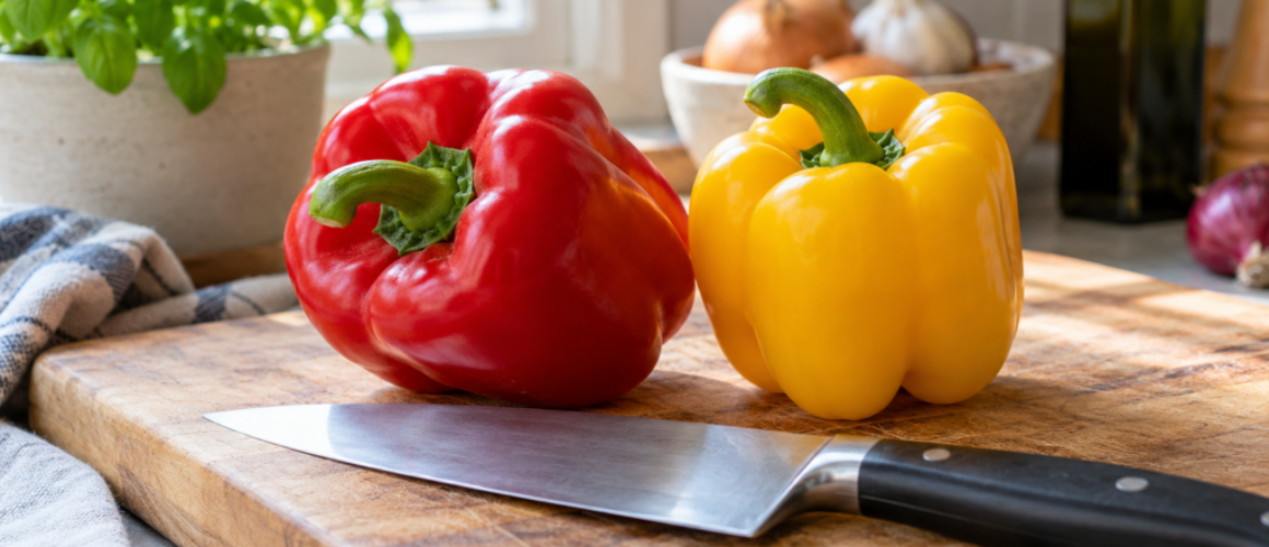 Paprika’s en een keukenmes op een houten plank — AI-illustratie