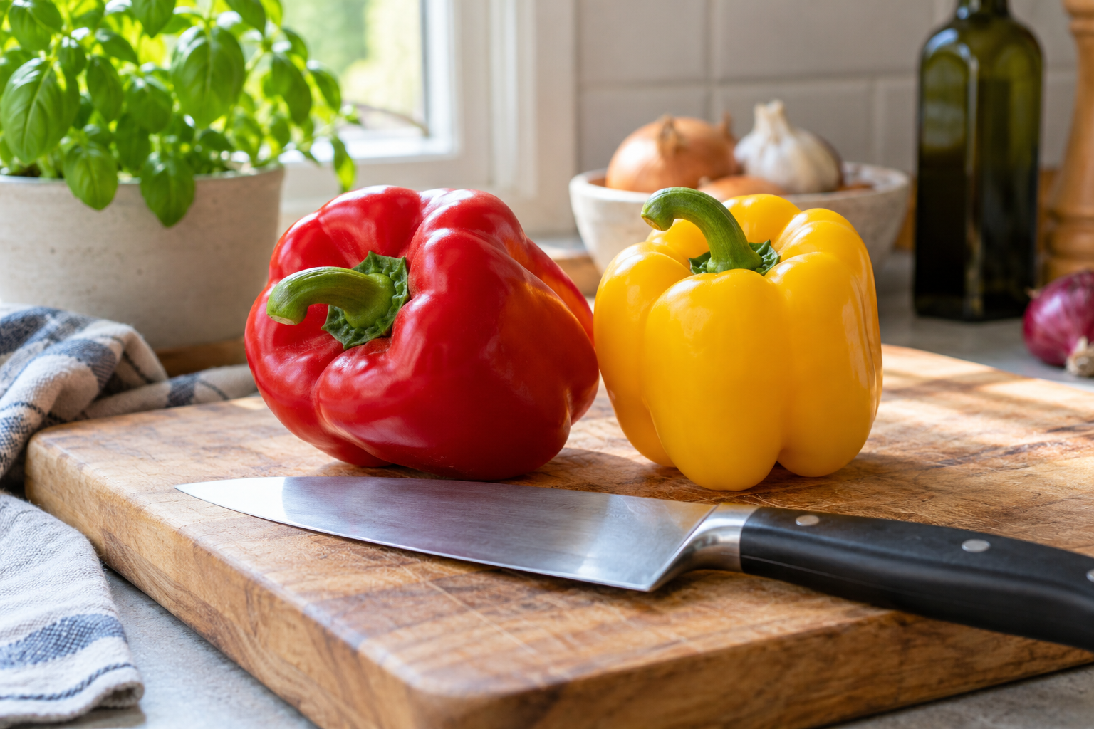 Paprika’s en een keukenmes op een houten plank — AI-illustratie