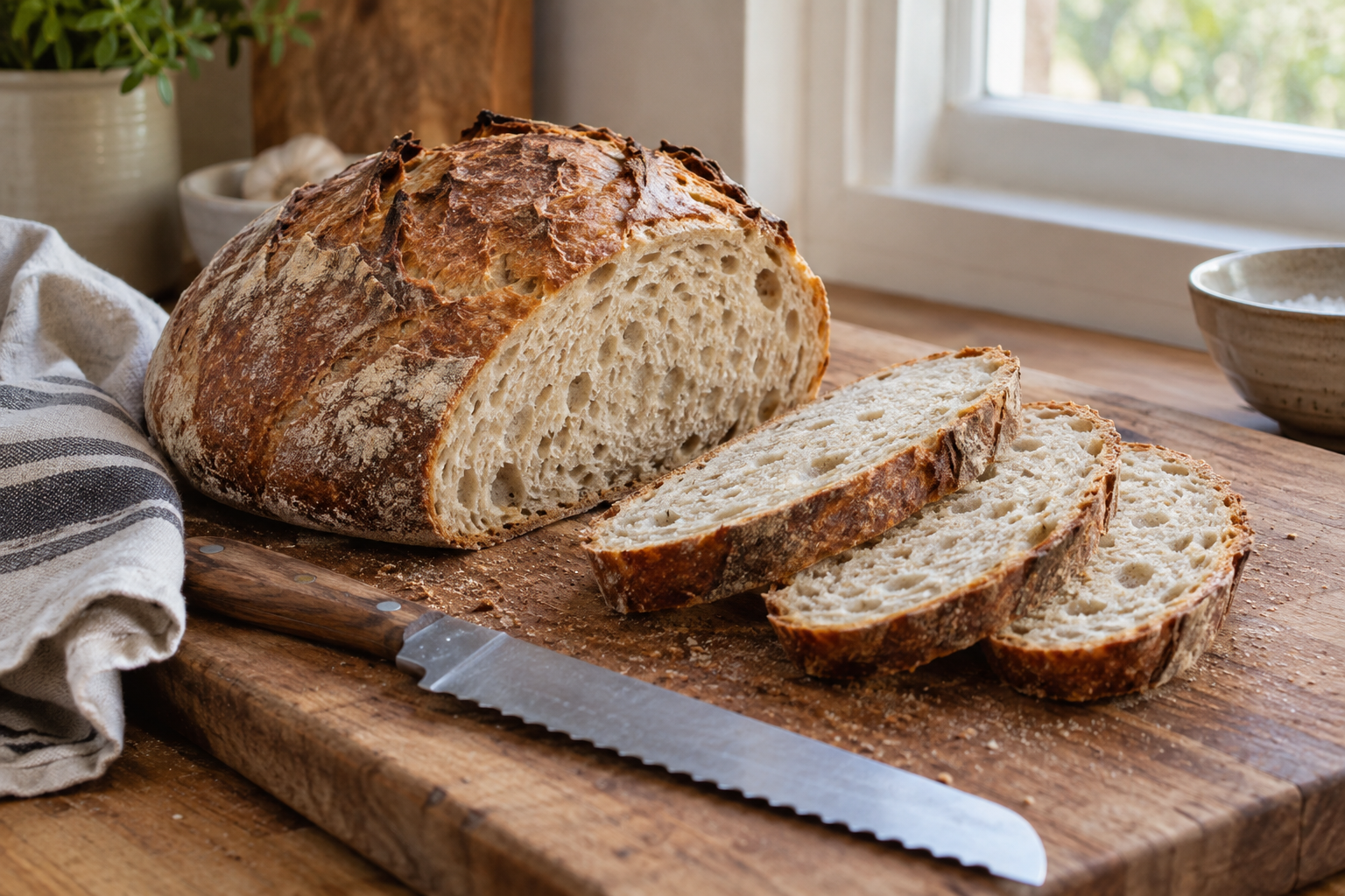 Rustiek brood met gelijkmatige sneetjes naast een broodmes