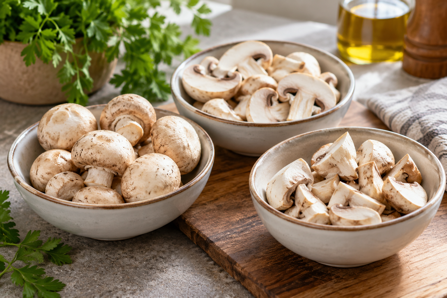 Schaaltjes met hele champignons, plakjes en kwarten — AI-illustratie