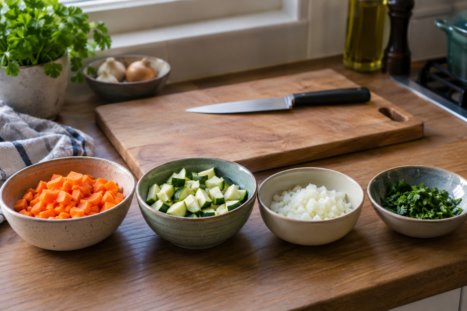 Schaaltjes gesneden groenten klaar voor het koken